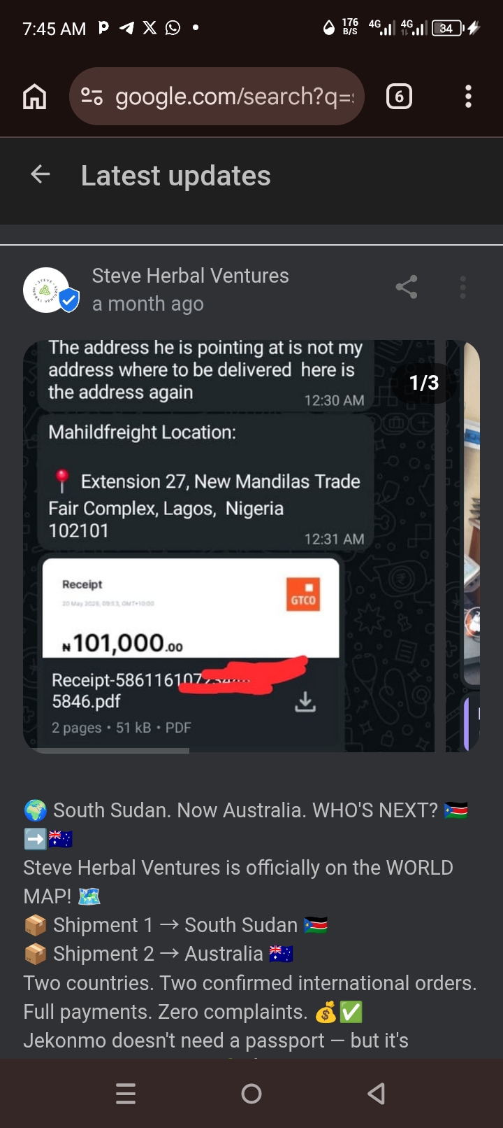 International shipments — South Sudan & Australia